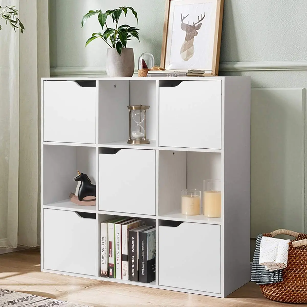 NEW 9-Cube Storage Organizer, Storage Cabinet with 4 Open Cubes and 5 Cabinets, Free Standing Wooden Cubby Bookcase