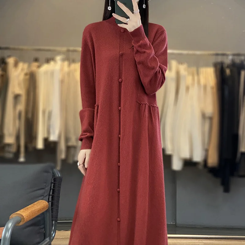 Women Dresses 100% Cashmere and Wool Knitted Jumpers Long Oneck 2023 Winter/ Autumn Female Dress Woolen Knitting Clothes NJ01