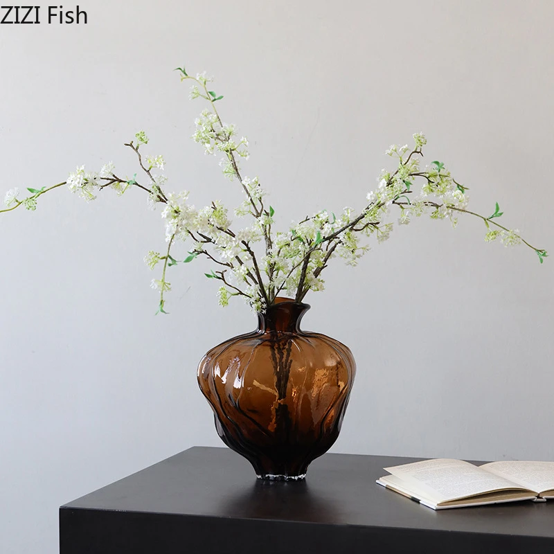 Translucent Brown Glass Vase Ornament Flower Arrangement Artistic Flower Vessels Hydroponic Vase Dried Flower Vases Crafts