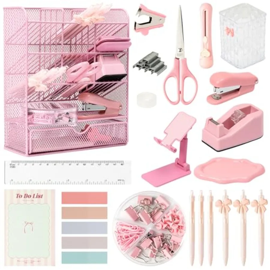 

Pink Desk Organizer Accessories - 21pcs Aesthetic Office School Storage Supplies with Mesh Desk Organizer, Bow Pen Holder, Tape