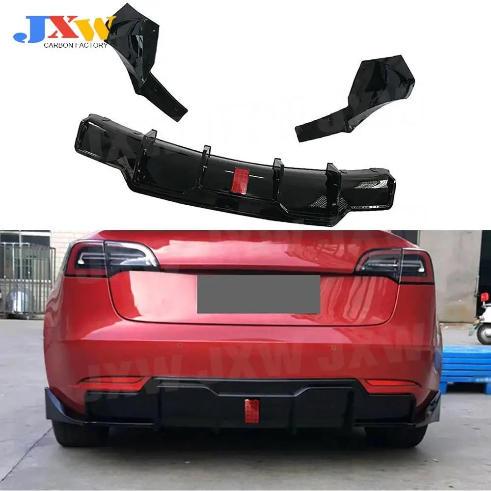 ABS Carbon Look/Gloss Black Rear Bumper Diffuser Lip Splitters for Tesla Model 3 2017 + With LED Light Car Rear Bumper Trims