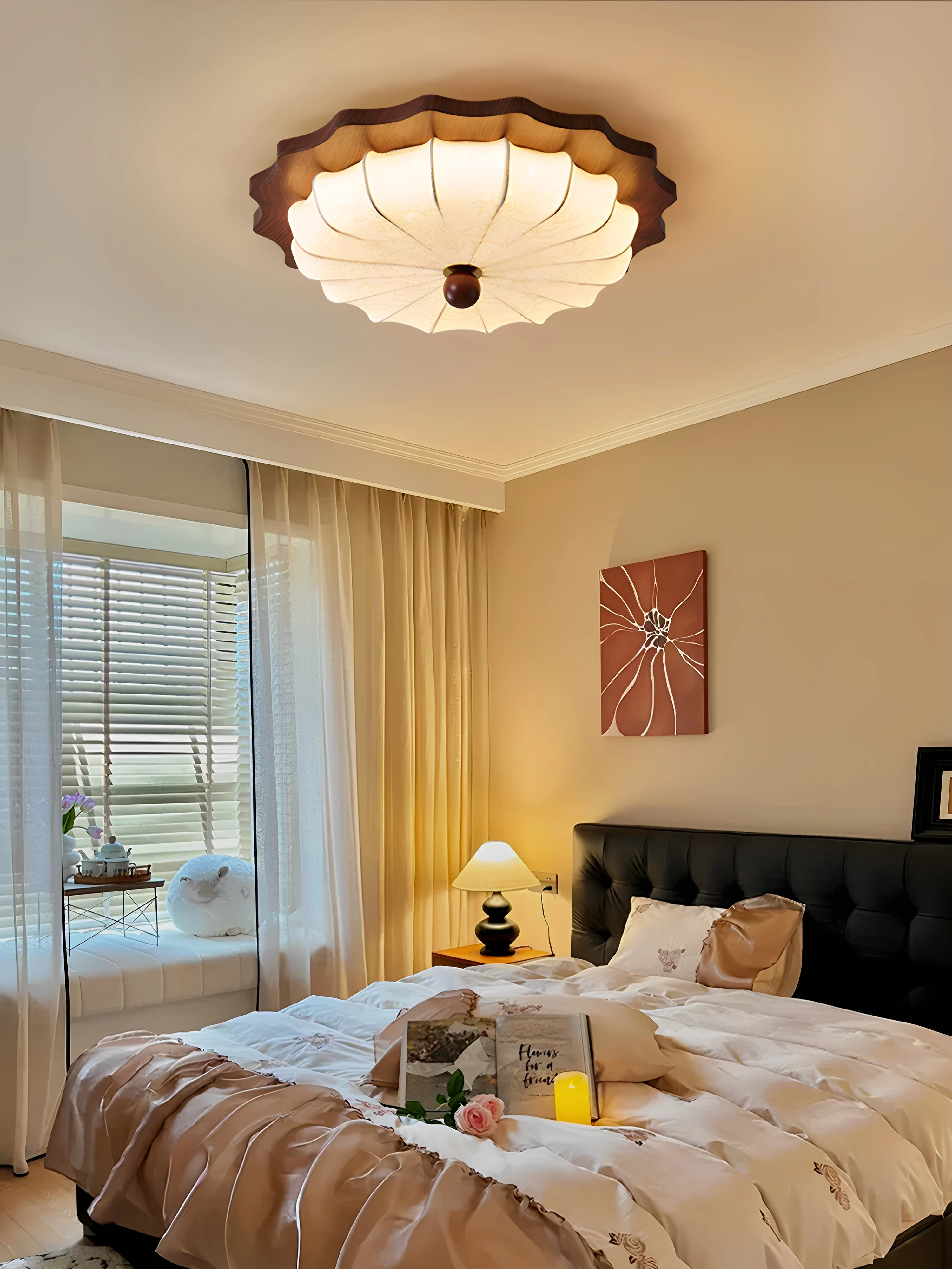 Bedroom ceiling light retro walnut fabric master bedroom light Nanyang wind high-end room lighting