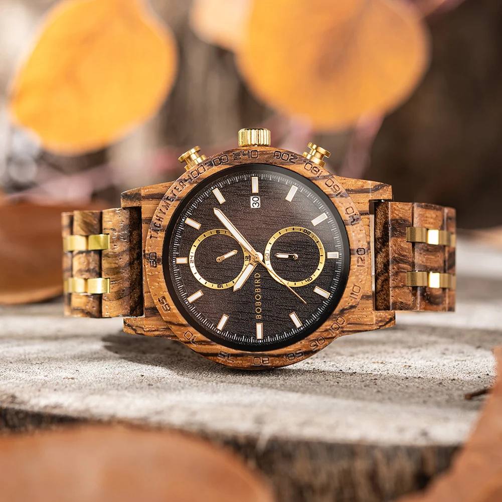 Men\'s Wooden Watch Stylish BOBO BIRD Chronograph Military Quartz Wrist Watch 2 Sub-dials Handmade Casual Light Luminous Watch