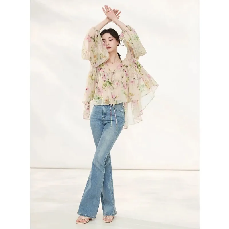 

French Luxury Floral Print Blouse Women Shirts Loose Bell Sleeve Elegant Youthful Ladies Tops Mujer Free Shipping Blouses Casual
