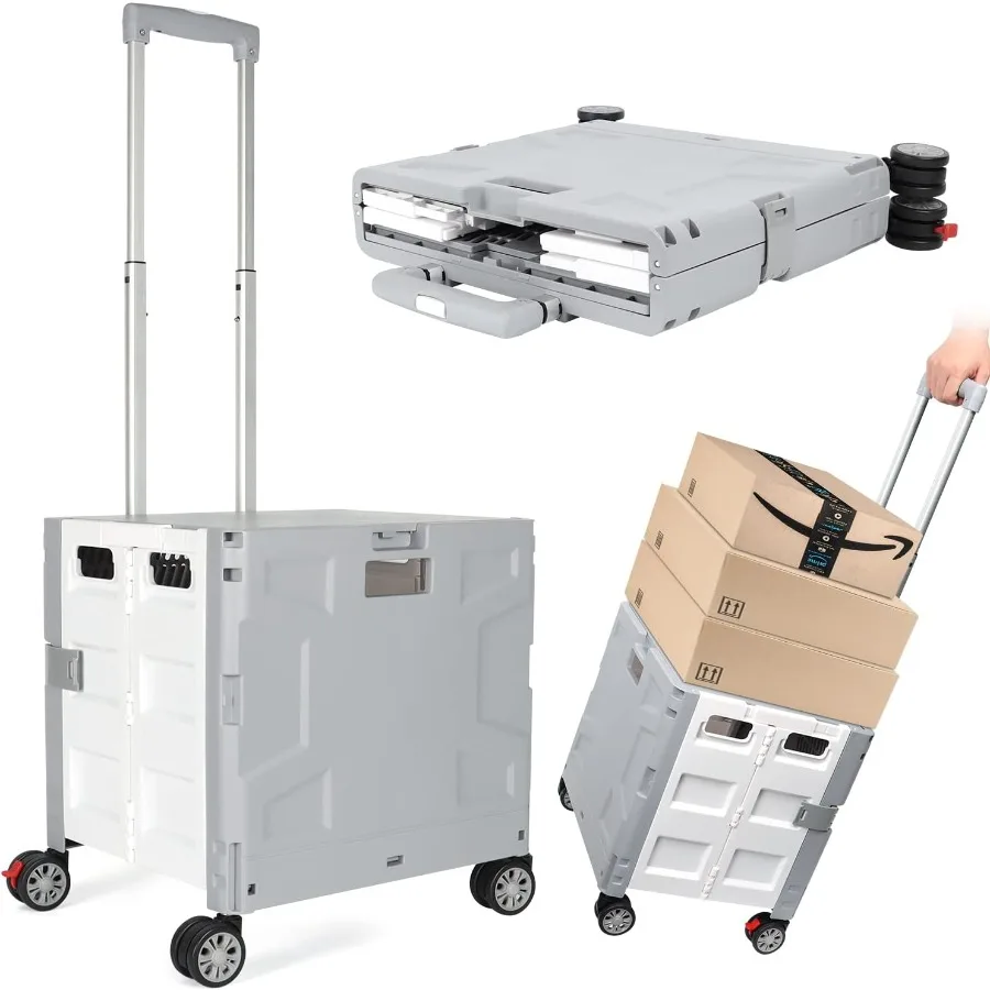 

Foldable Shopping Utility Cart Portable Rolling Crate Handcart with 360 Rotate Wheel Hidden Lid Telescoping Handle Collapsible