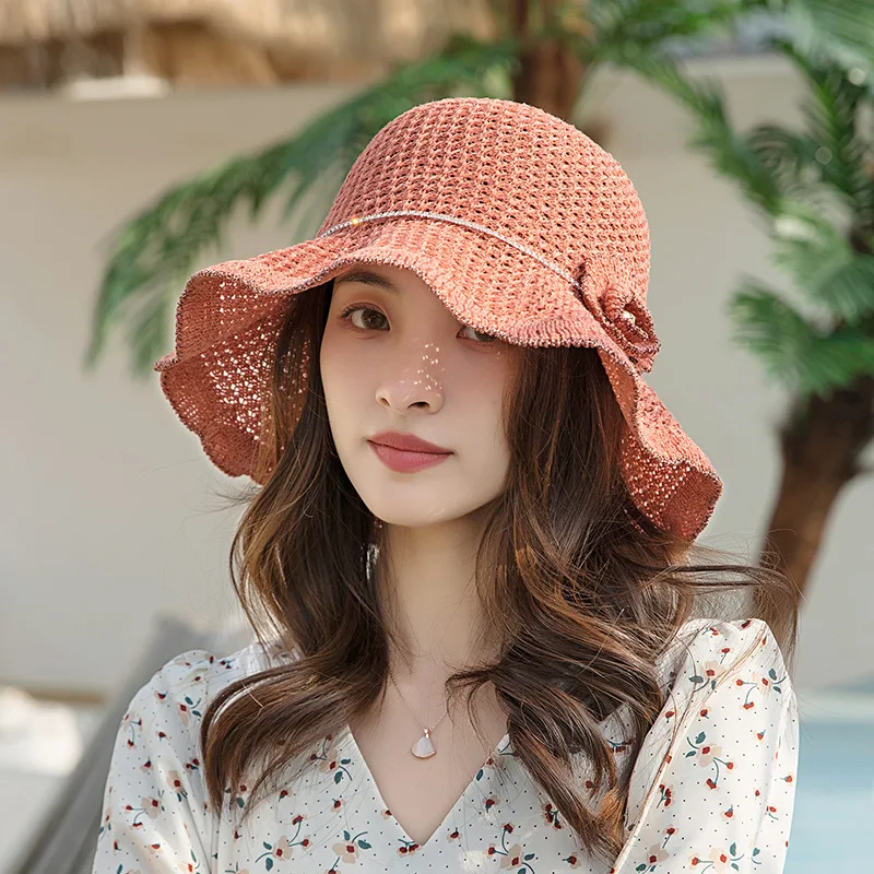 Black Hat Spring Summer Hat Korean Foldable Beach Straw Flower Leisure Sun Protuction Fisherman Bucket Hat for Women Panama Caps