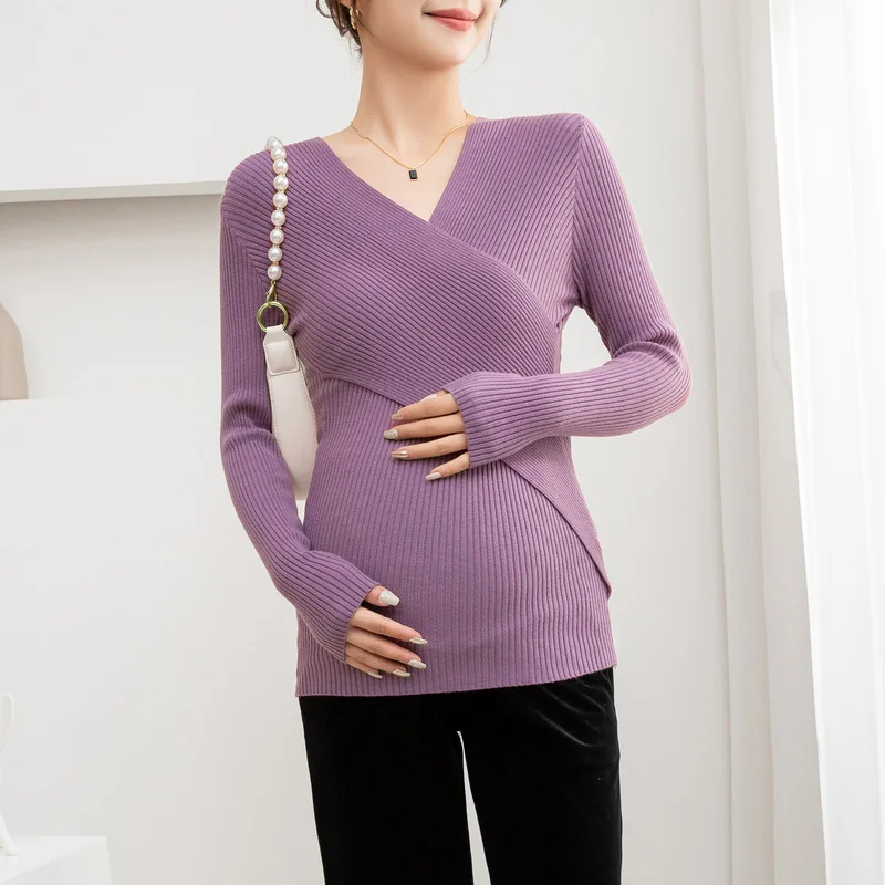 Spring Autumn Cross Design Maternity Breastfeeding Clothing Knit Long Sleeve Pregnancy Nursing Sweater Casual Pregnant Women Top