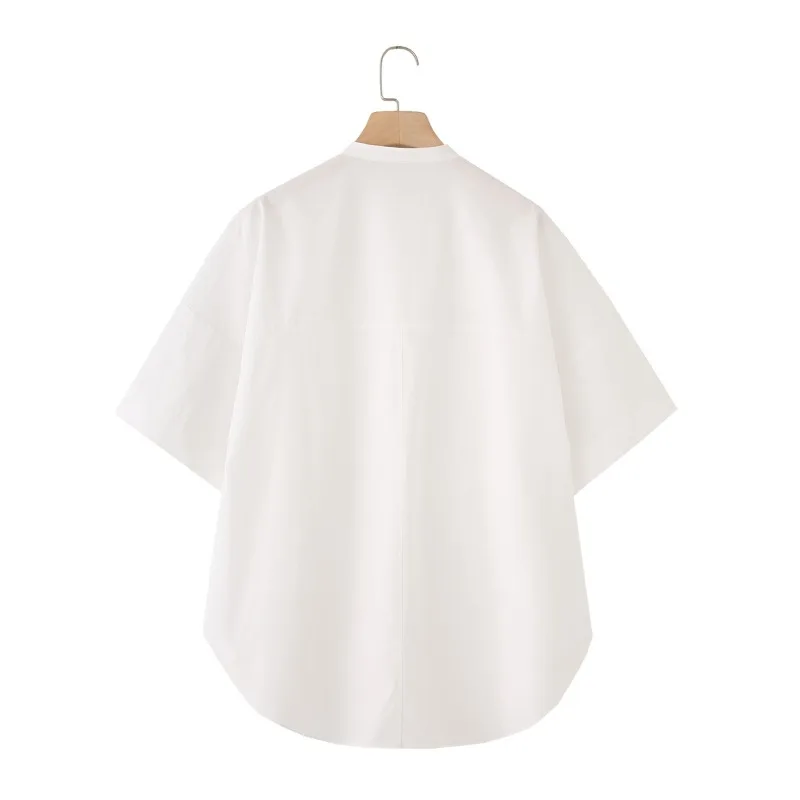 قميص نسائي مناسب مريح 2025 لربيع وصيف بلون سادة 100% قطن بياقة واقفة وأكمام قصيرة ملابس عمال عصرية أساسية