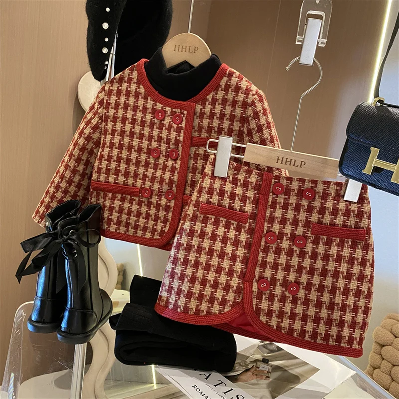 Elegante principessa abiti vestito bambini Plaid doppio petto Set nuovi bambini moda ragazze camicetta gonna 2 pezzi 1-8 anni abbigliamento per