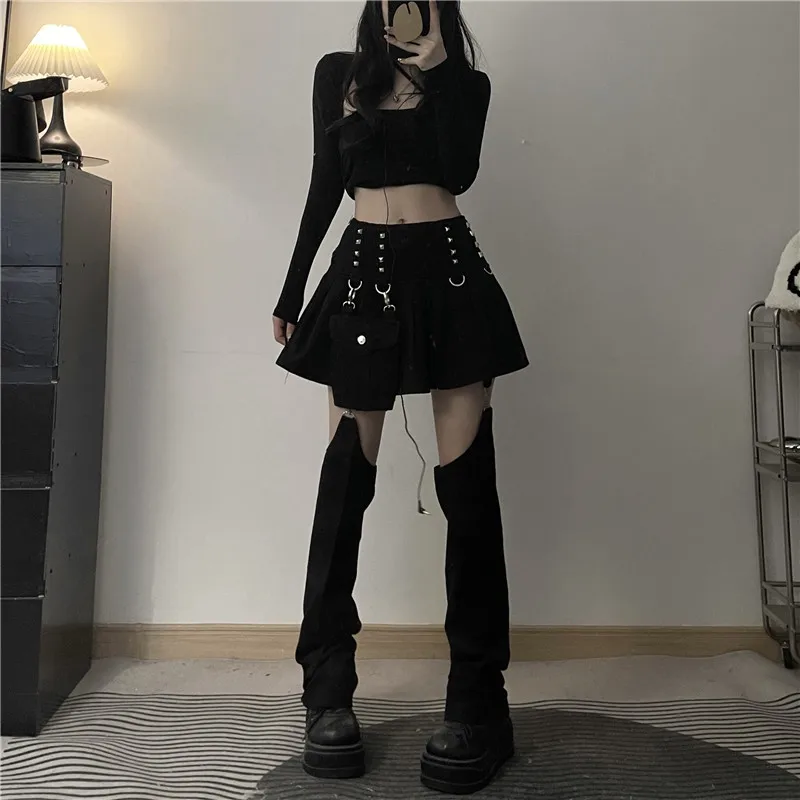 REDDACHiC Detachable Leg Warmers Denim Skirt Plain Black Jeans Pleated Mini Skirt Goth Punk Cyber Y2k Acubi Fashion 2-piece Set