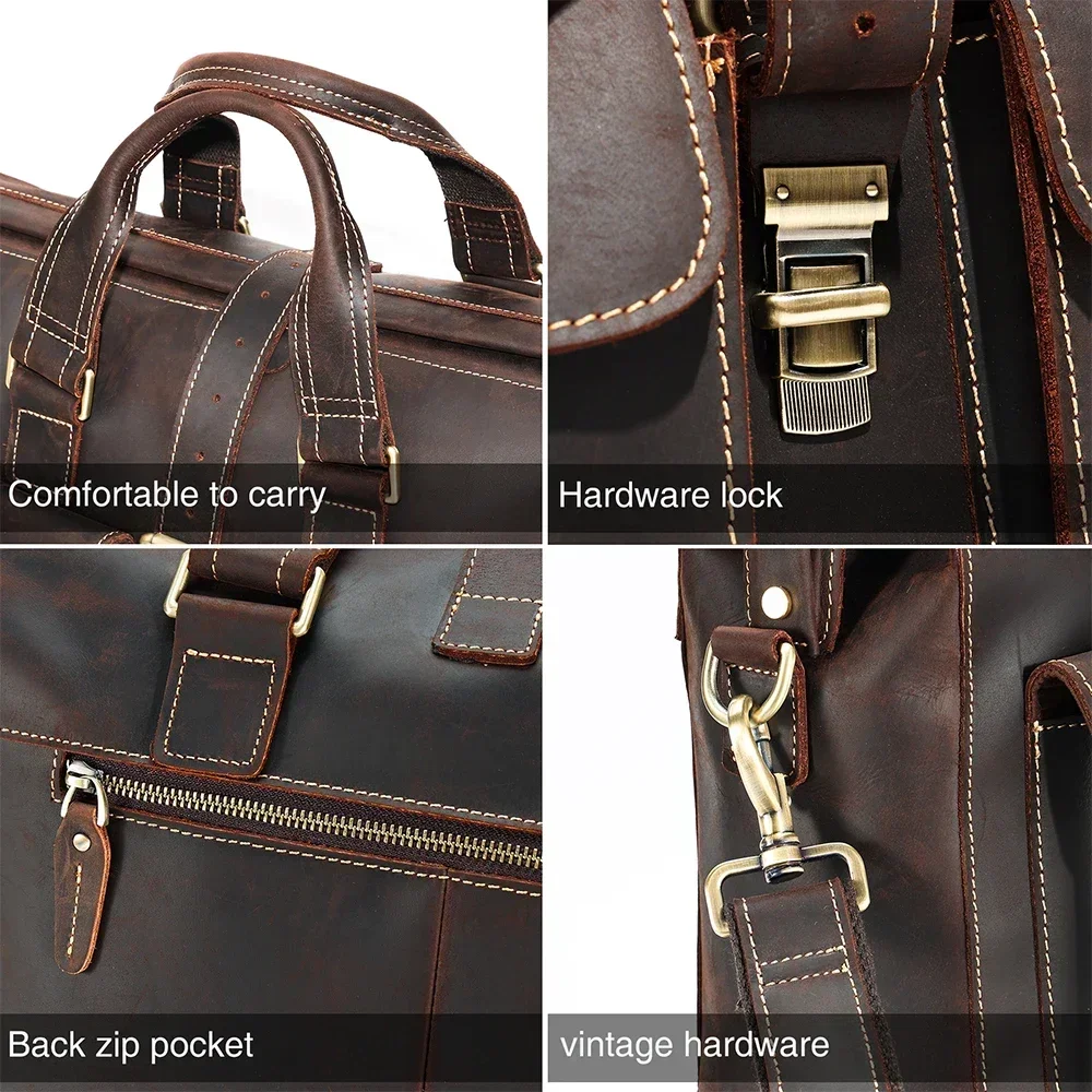 Vintage Crazy Horse Leather Men Briefcase Business Work Bags Male Fits 15.6" Laptop Mesenger Shoulder Bag Handbag New