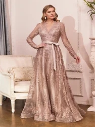 2023 Elegant Grand Lace Floral Print V Neck Back Zipper And Floor Long Sleeve Decorative Prom Dress Bride Groom Mother Party