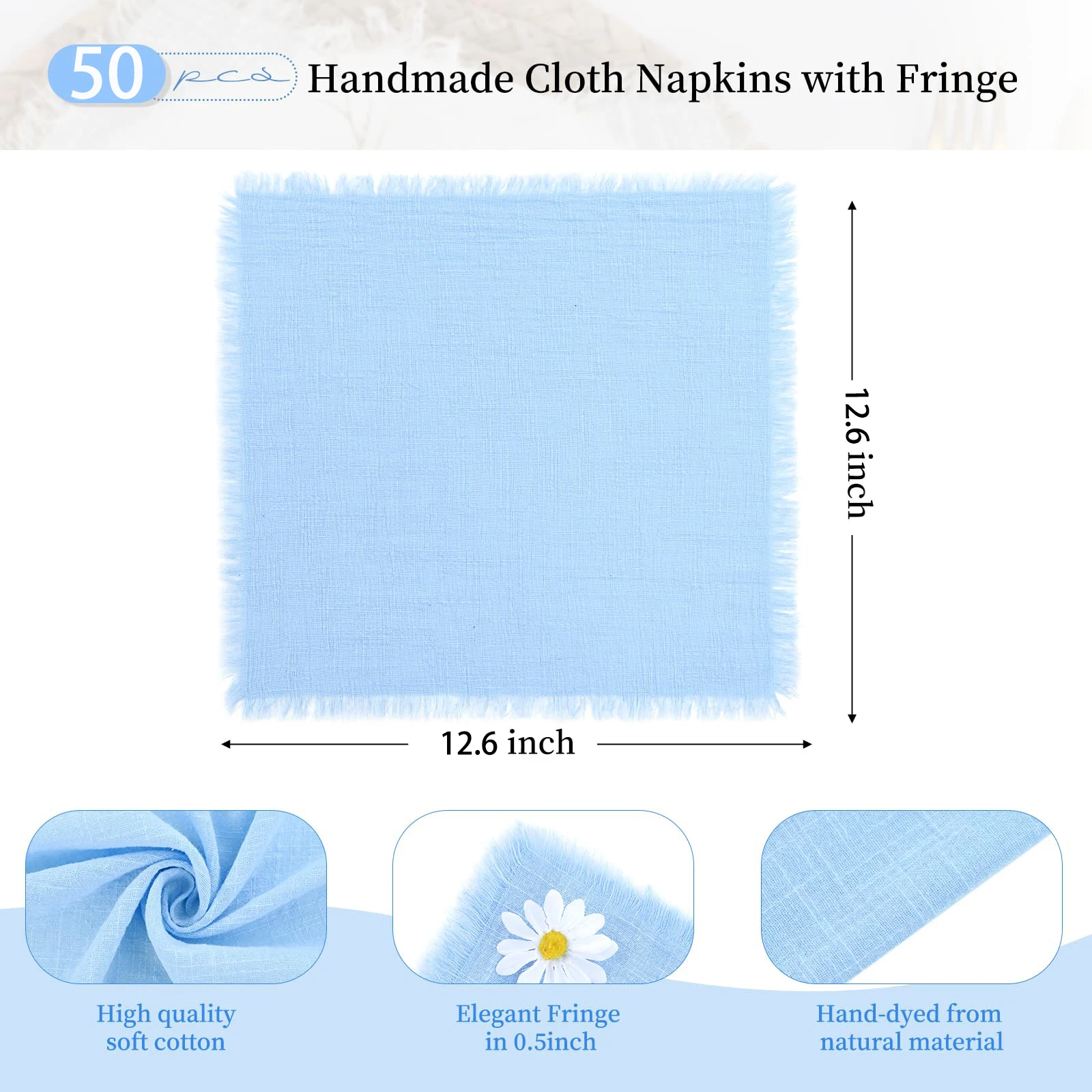 50pcs Cotton Cloth Napkins 32x32cm Cloth Handmade with Fringe Soft Rustic Napkins Cloth Washable for Wedding Party Dinner Table