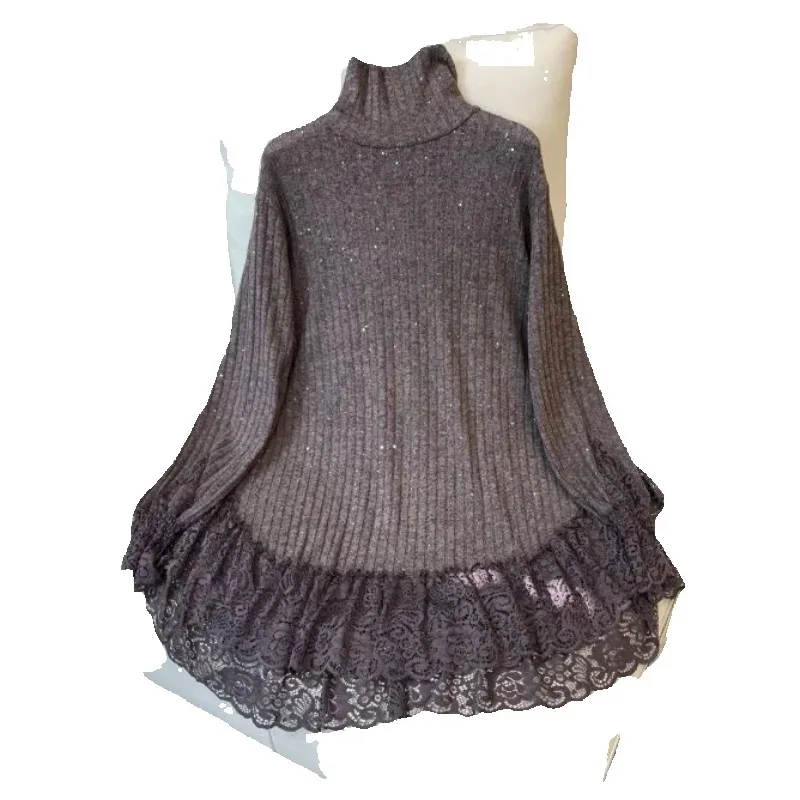 

Осень-зима, свитер средней длины с высоким воротником, женские топы, новинка 2025, модные свободные повседневные кружевные пуловеры, майки, верхняя одежда для женщин