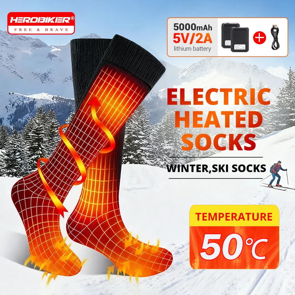 

HEROBIKER зимние носки с подогревом для рыбалки, кемпинга, пешего туризма, катания на лыжах, электрические теплые носки для ног, эластичные, удобные, 3-ступенчатые, регулируемые
