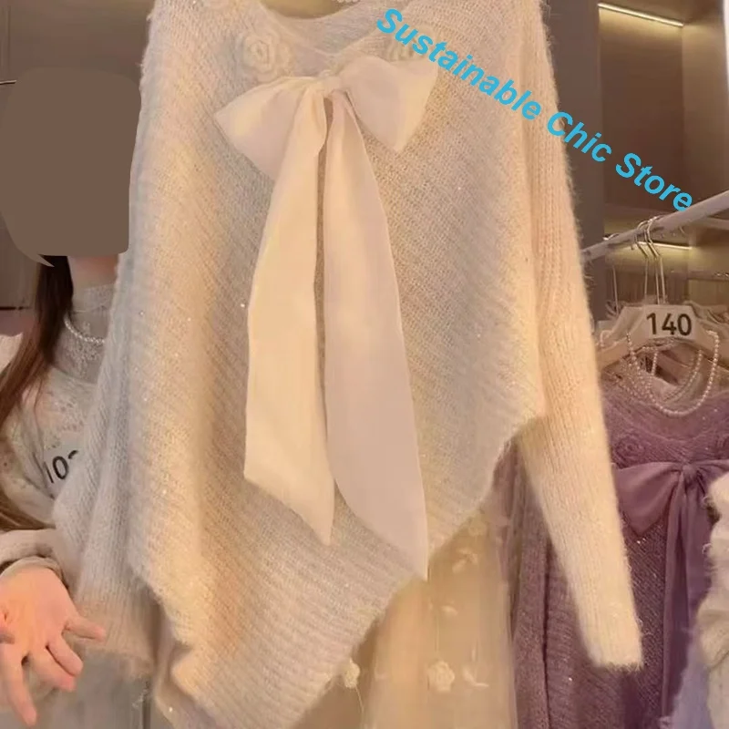 French tender temperament age-reducing bow with sequined sweater sweater women's autumn and winter high-grade design loose top