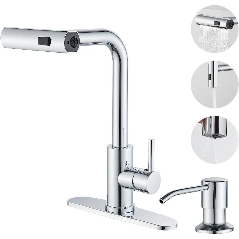 

Kicthen Faucets with Pull Down Sprayer, Chrome Waterfall Kitchen Sink Faucet with Soap Dispenser, Single Hole Stainless