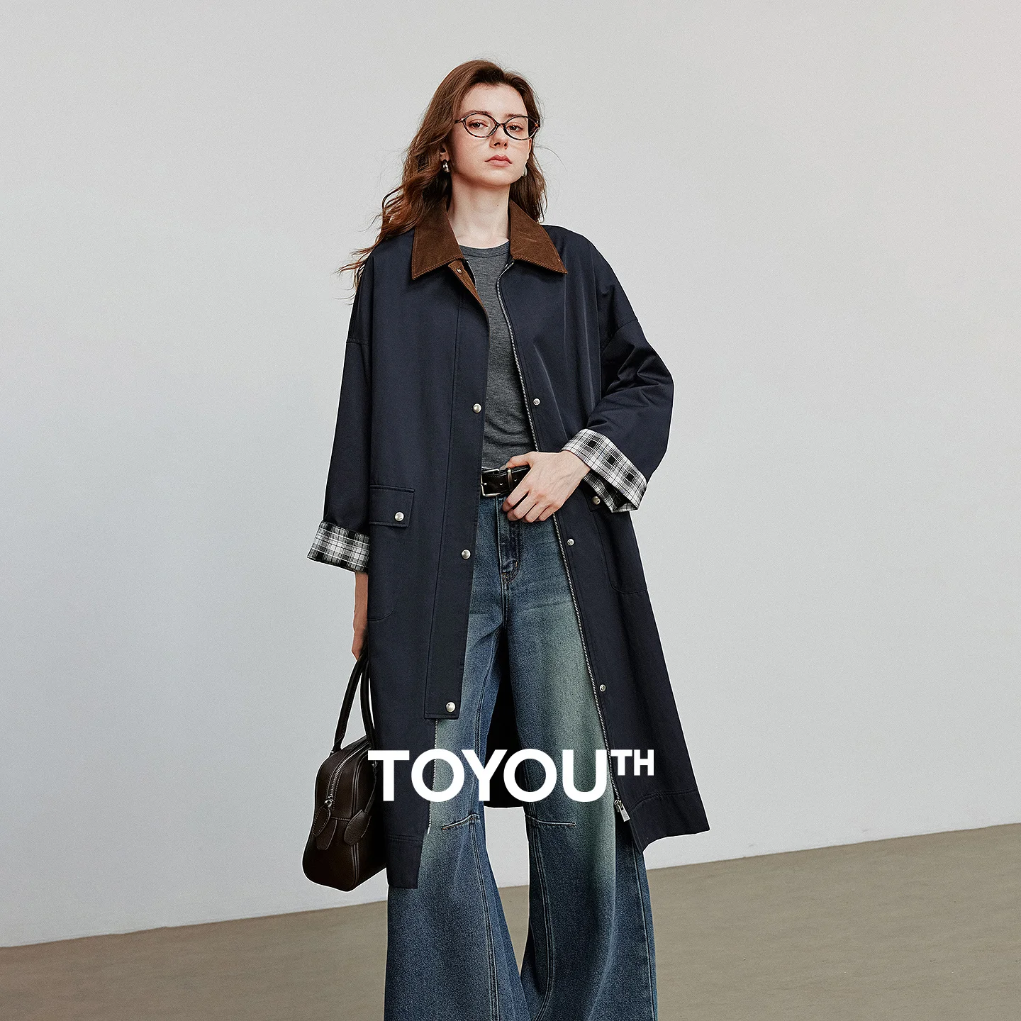 

TOYOUTH Women Trench Coat 2025 Autumn New Barn Style Turn Down Collar Spliced Corduroy Plaid Flip Sleeve Long Jacket