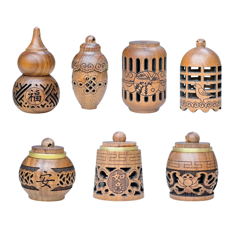 1pc Wood Hollow Carved Aromatherapy Bottle Mini Vase Pagoda Car Hanging Decoration Fragrance Diffuser Bottle Sealed Jar Pendant
