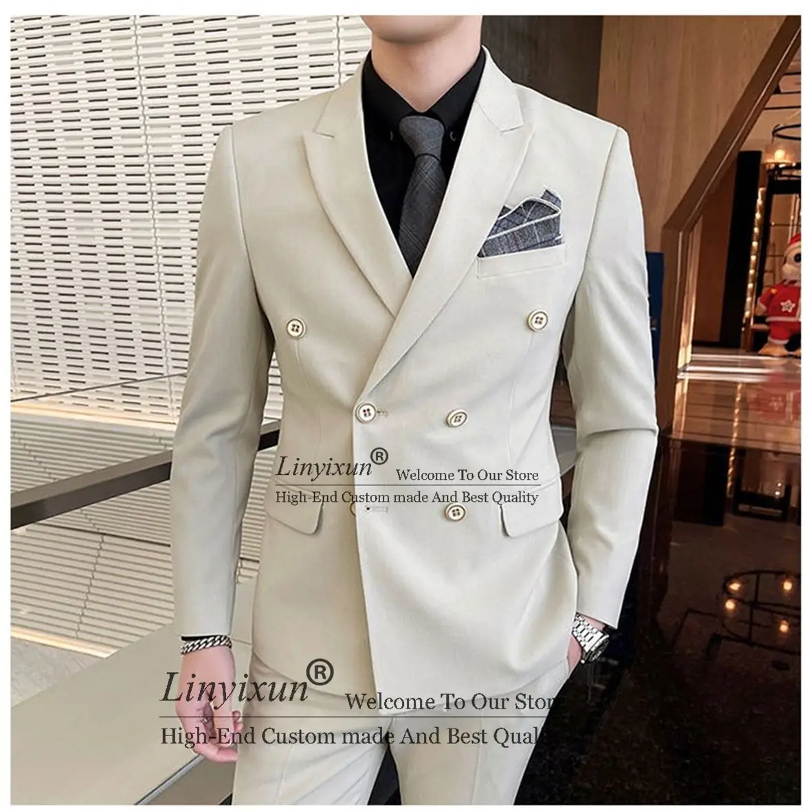 

Formal Beige Men Suits Double Breasted Groom Wedding Tuxedos 2 Pieces Jacket Pants Sets Banquet Blazer Slim Fit Terno Masculino