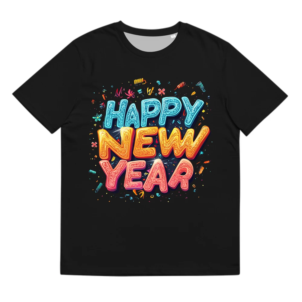 2025 New Tees Happy New Year 3D Printing Graphic T-shirt 100% Cotton Short-sleeved T Unisex Casual Tops Kids New Year Gifts