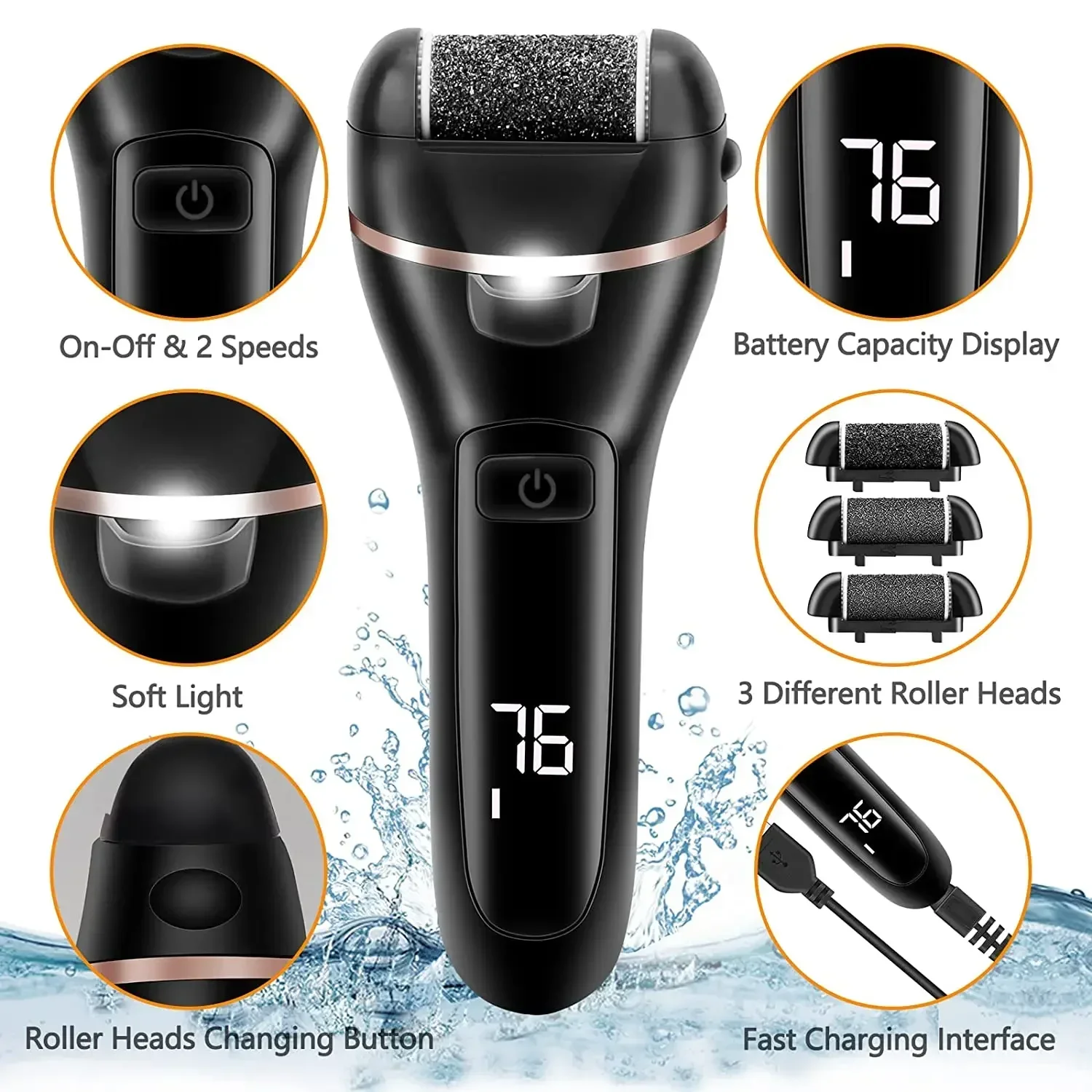 USB Rechargeable Electric Foot Rasp Electric Pedicure Foot Sander Waterproof 2 Speeds to Eliminate Feet Dead Skin Foot File