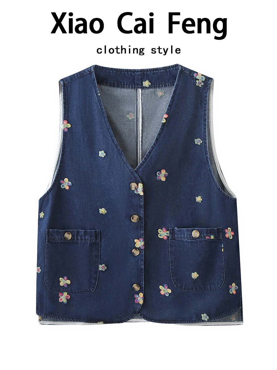 

Retro Floral Embroidery Denim Vest Women's Spring Autumn Youthful V-ne Layering ort Jaet Cotton Blend Versatile Sle