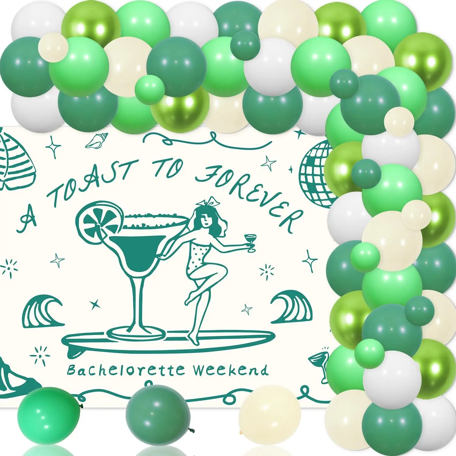 

Fangleland A Toast To Forever Coastal Bachelorette Party Decors Green Backdrop Balloon Arch Kit Disco Bridal Shower Supplies