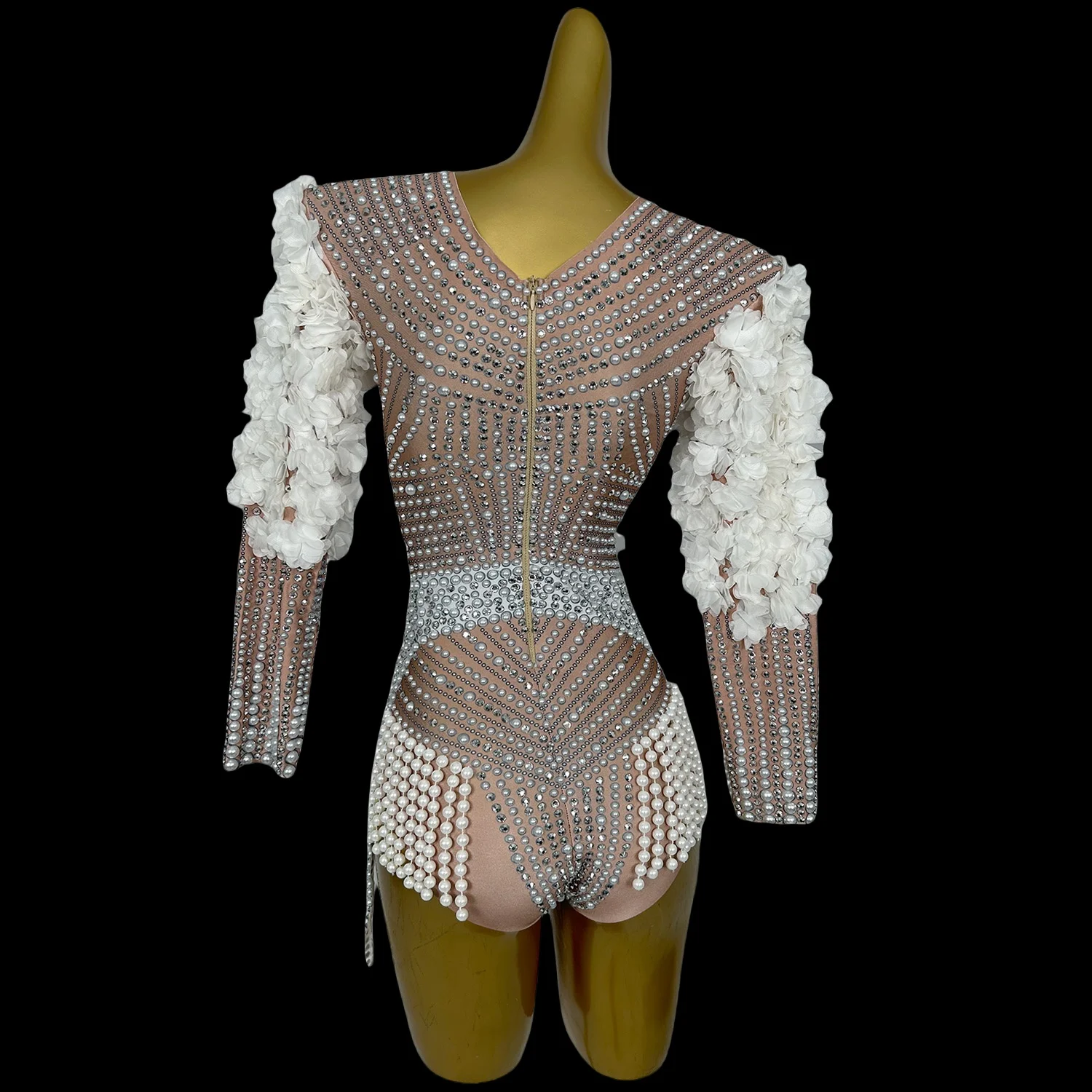 Sparkly Rhinestone Pearls Sexy Long sleeved Bodysuit Showgirl Leotard Luxurious Bodysuit for Women Birthday Party Stage Outfit