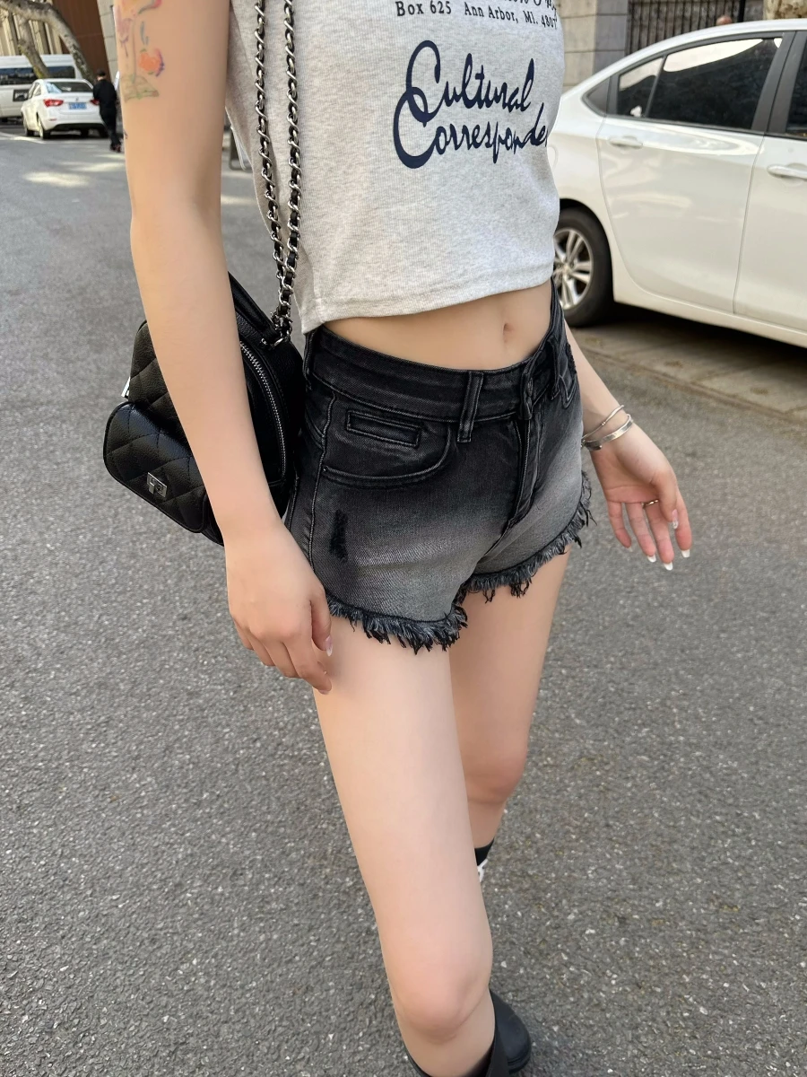 

Tristine2024 Весенне-летние винтажные джинсовые шорты с эффектом потертости, с высокой талией, из хлопка со стрейчем, прочные, глубокого цвета