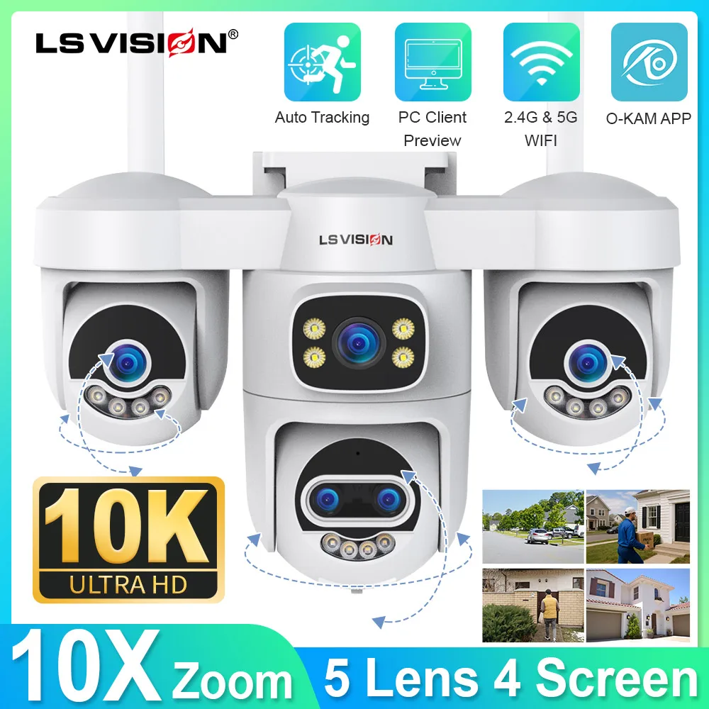 

LS VISION Four Screens 10X Zoom 3/5lens PTZ Home Outdoor Surveillance Cameras Wifi 2.4G/5G Cctv IP Ai Tracking PC Client Okam