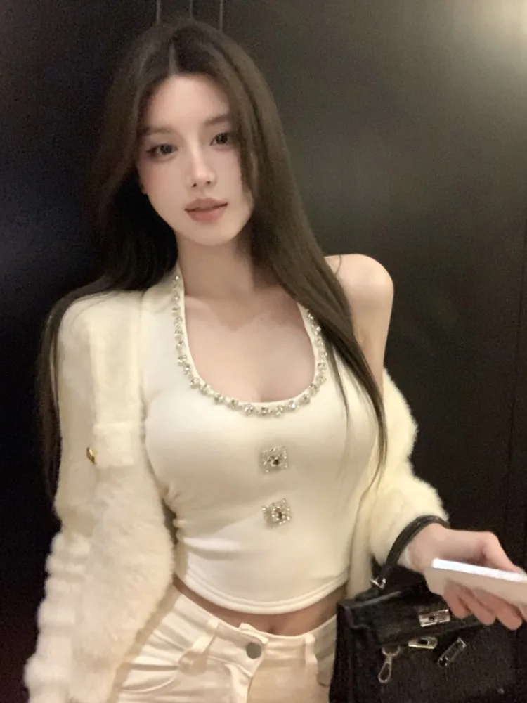 

Fall Winter Heavy Work Diamond Embellished Backless Neck Hanging Vest Mink Fur Jacket Women's Two-Piece Set Commute Style Sho...
