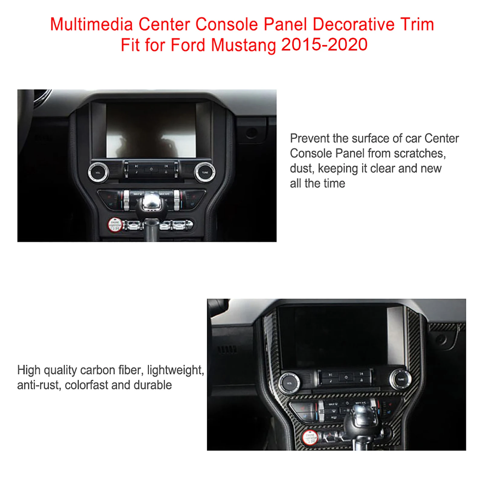 Panel de consola central Multimedia de fibra de carbono, pegatina embellecedora decorativa para Ford Mustang 2015 ‑ 2020