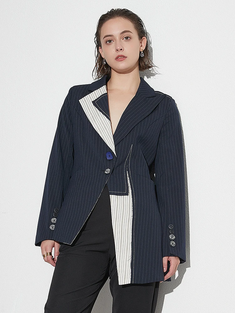 ILYBOOJUN Colorblock Striped Casual Blazers For Women Notched Collar Long Sleeve Irregular Hem Blazer Female Fashion Style