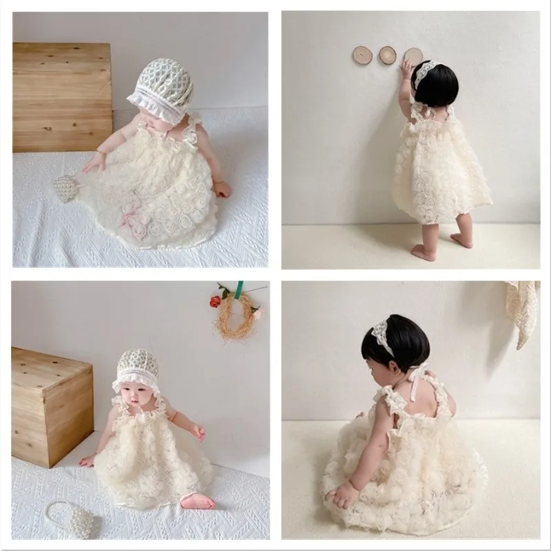 Milk White Rose Blossom One Year Old Baby Dress Photography Princess Dress Wooden Ear Edge Cute Sling Dress 0-5T