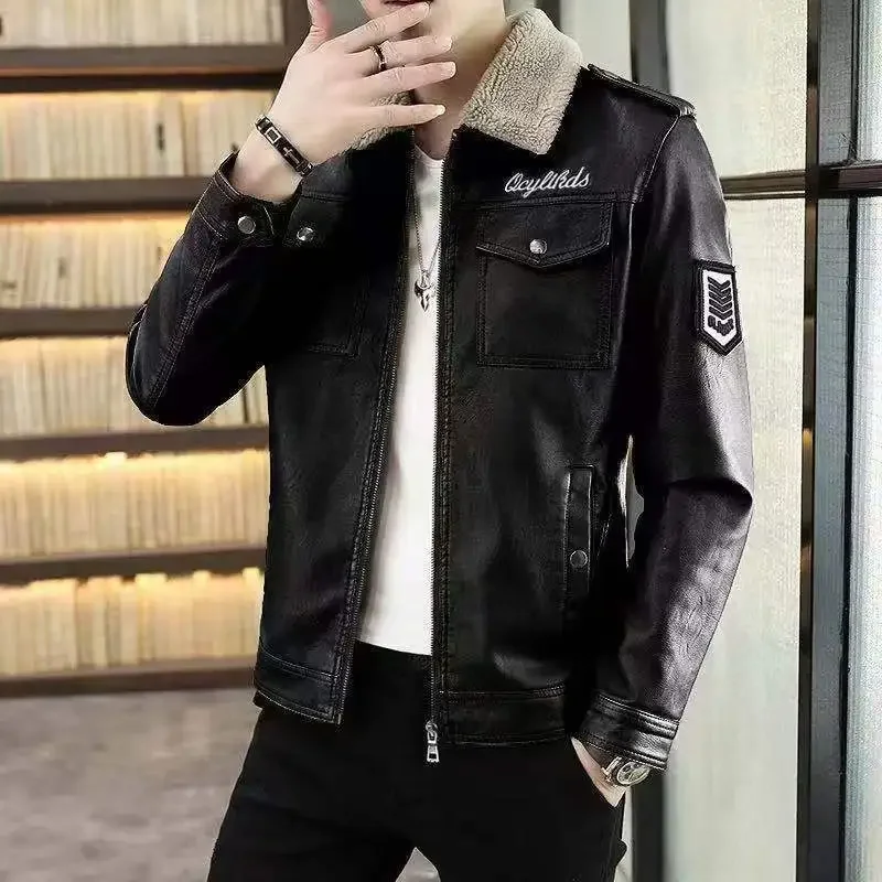 

Coat Men Fashion Embroidery Slim-Fit Biker Leather Jacket Winter Male High-End Lapel Leather Casual Large Size Thicken Outwear