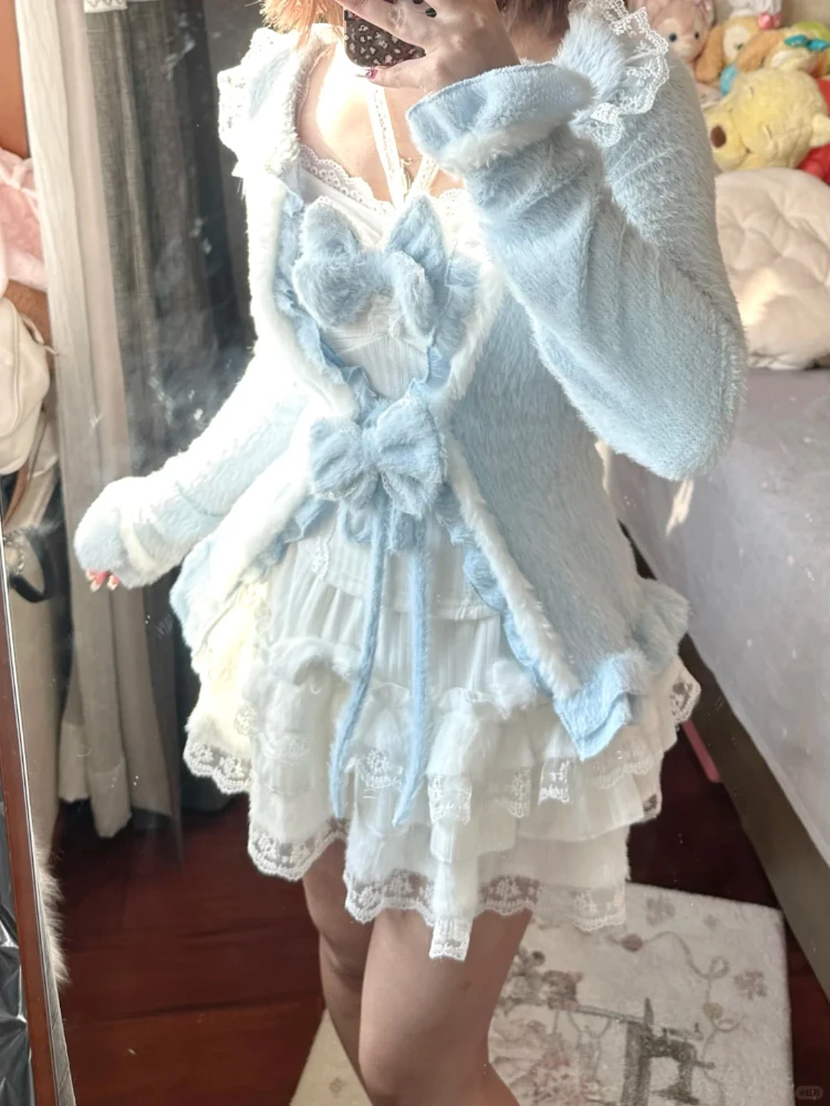 Outono inverno doce vintage elegante 3 peças conjunto feminino y2k princesa arco design mini saia terno feminino chique coreano popular cloehts