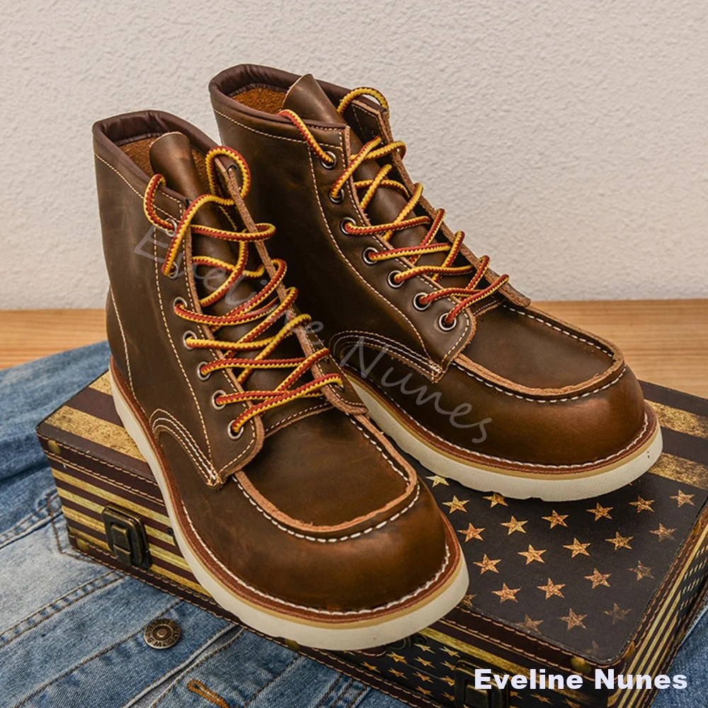 Botas de Motero Retro de Caña Alta para Hombre, de Cuero Marrón, Punta Redonda, Duraderas, con Cordones, para Invierno y Otoño, Zapatos de Trabajo 2026, Botines para Hombre