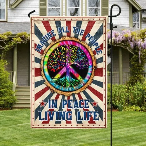 Hippie Peace Sign Imagine All The People Living Life In Peace Flag Graden Flag IIX WZZ yyi