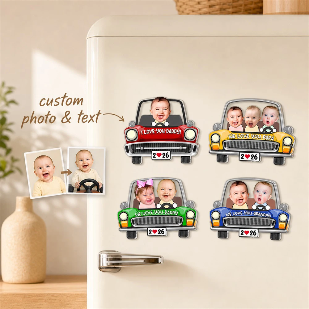 Custom Photo And Text Vintage Car Fridge Magnet,Retro Car Keepsake For Dad And Grandpa,Birthday Or Christmas Gift,Kitchen Decor