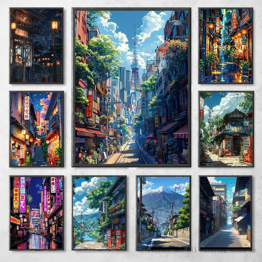 Toile imprimée de paysage de rue japonais de Style Manga, affiches d'art murales de cabane de nuit pour salon, café, Bar, décoration de maison Gi