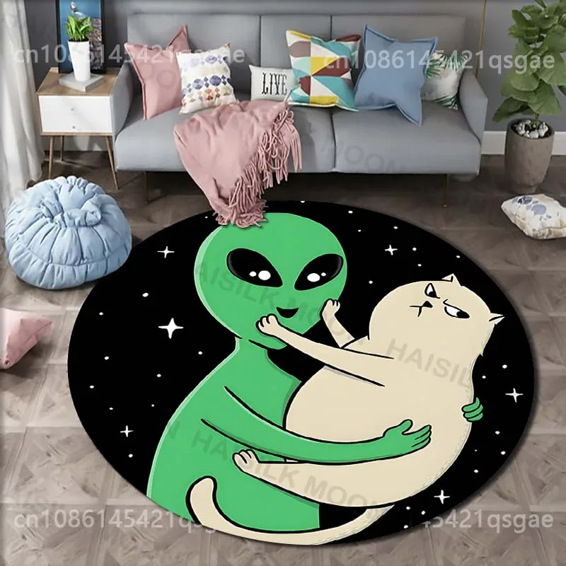 Multiple sizes Alien holding cat in space Print Round Carpet for Living Room Bedroom Sofa Table Floor Mat Area Rug Luxury Gift