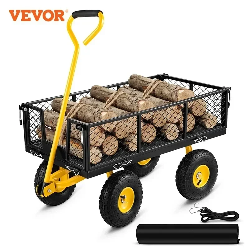 VEVOR Steel Garden Cart Heavy Duty 500/900/1200/1400lbs Capacity with Removable Mesh Sides to Convert into Flatbed Metal Wagon