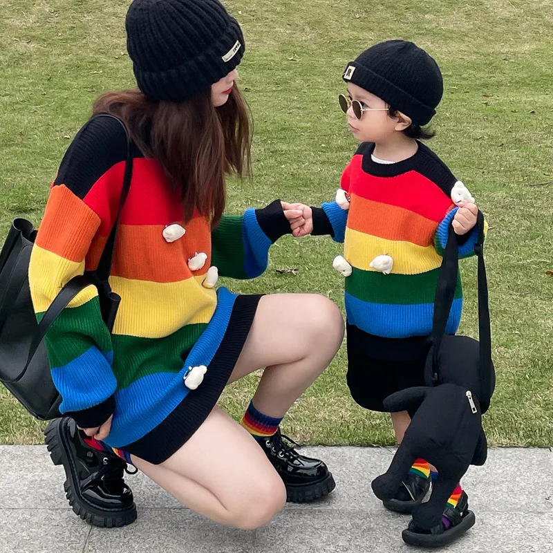 Family Christmas Sweater Dad Mom Daughter Son Winter Sweater Pullover Knit Jumpers Women Men Girl Boy Rainbow Knitted Clothes