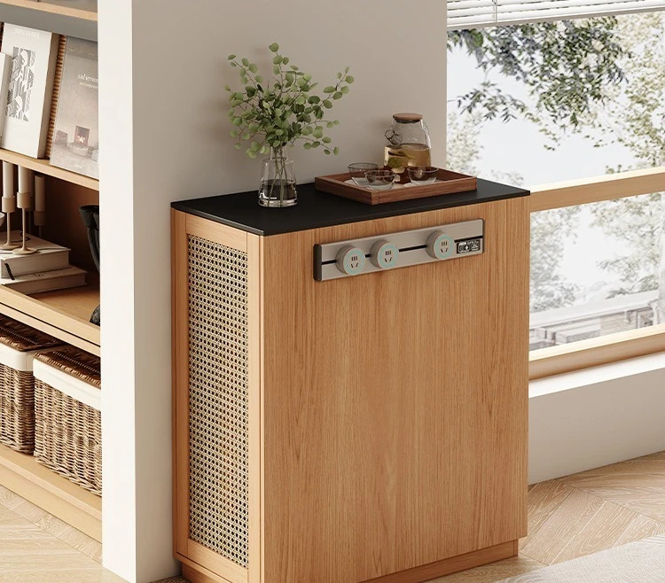 Modern simple small apartment movable island counter rock slab solid wood storage cabinet