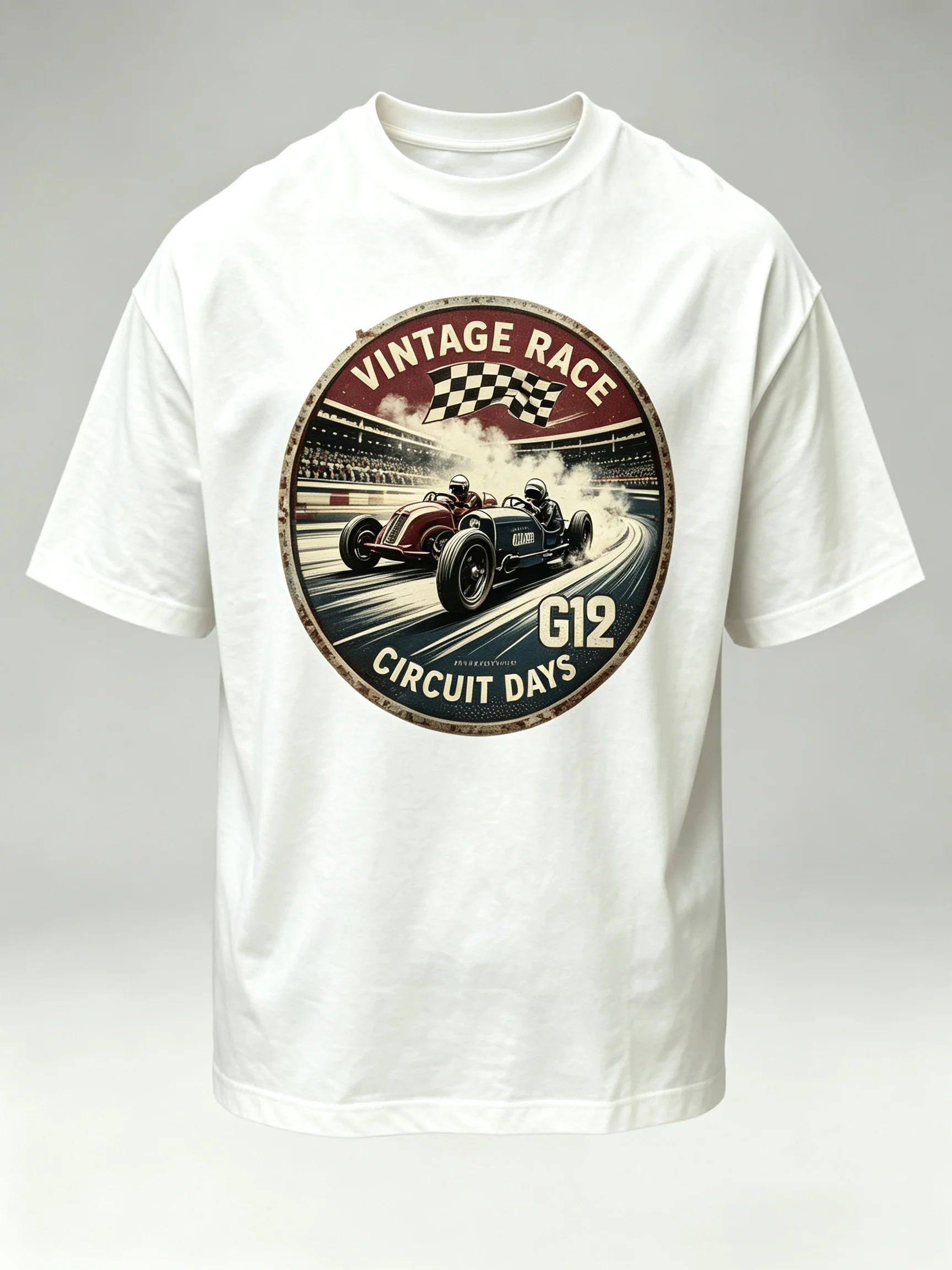 Unisex Vintage Race Classic Race Car Front Print T Shirt Men Women Oversized Rusty Round Metal Badge Racing Flag Graphic Tee Retro Motor Circuit Streetwear Cotton Short Sleeve Tops