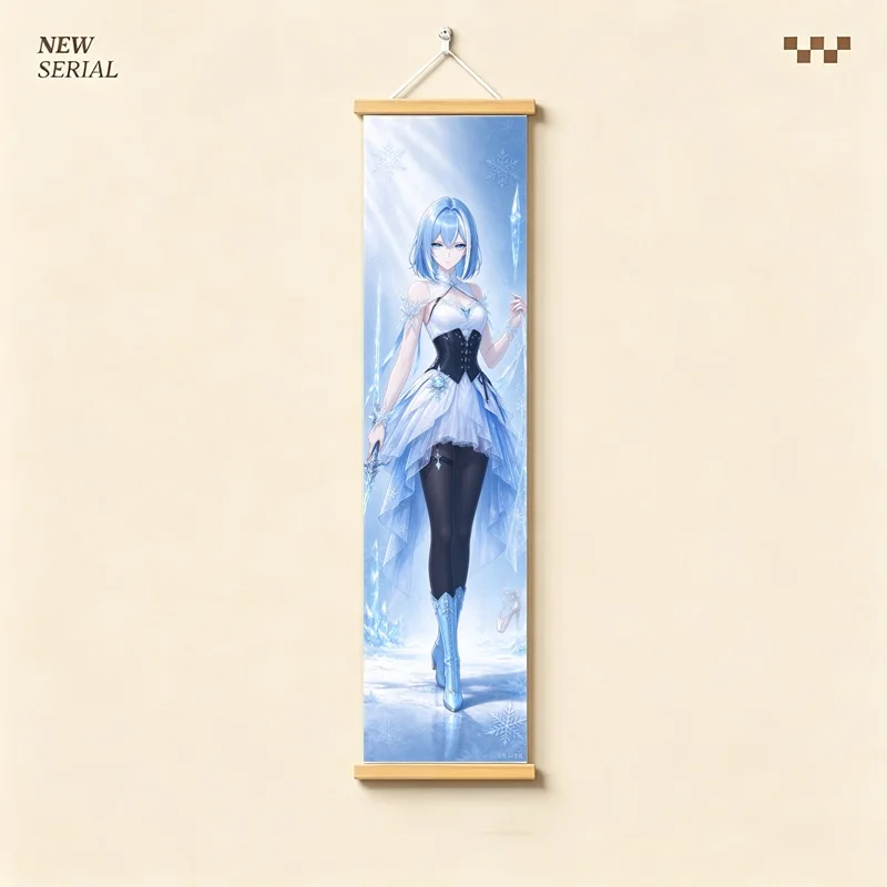 Hanging Scroll Wall Art of Genshin Impact Odette with Soft Icy Blue Glow on Silver Shimmer Canvas for an Anime Bedroom