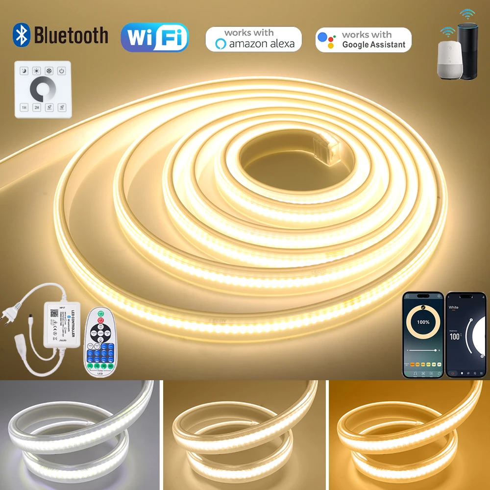 

Светодиодная лента Tuya Wifi COB 220В с Bluetooth, сенсорным управлением, диммируемая, с пультом на 23 кнопки, контроллер 750Вт, 288 светодиодов, водонепроницаемая, гибкая, для декора