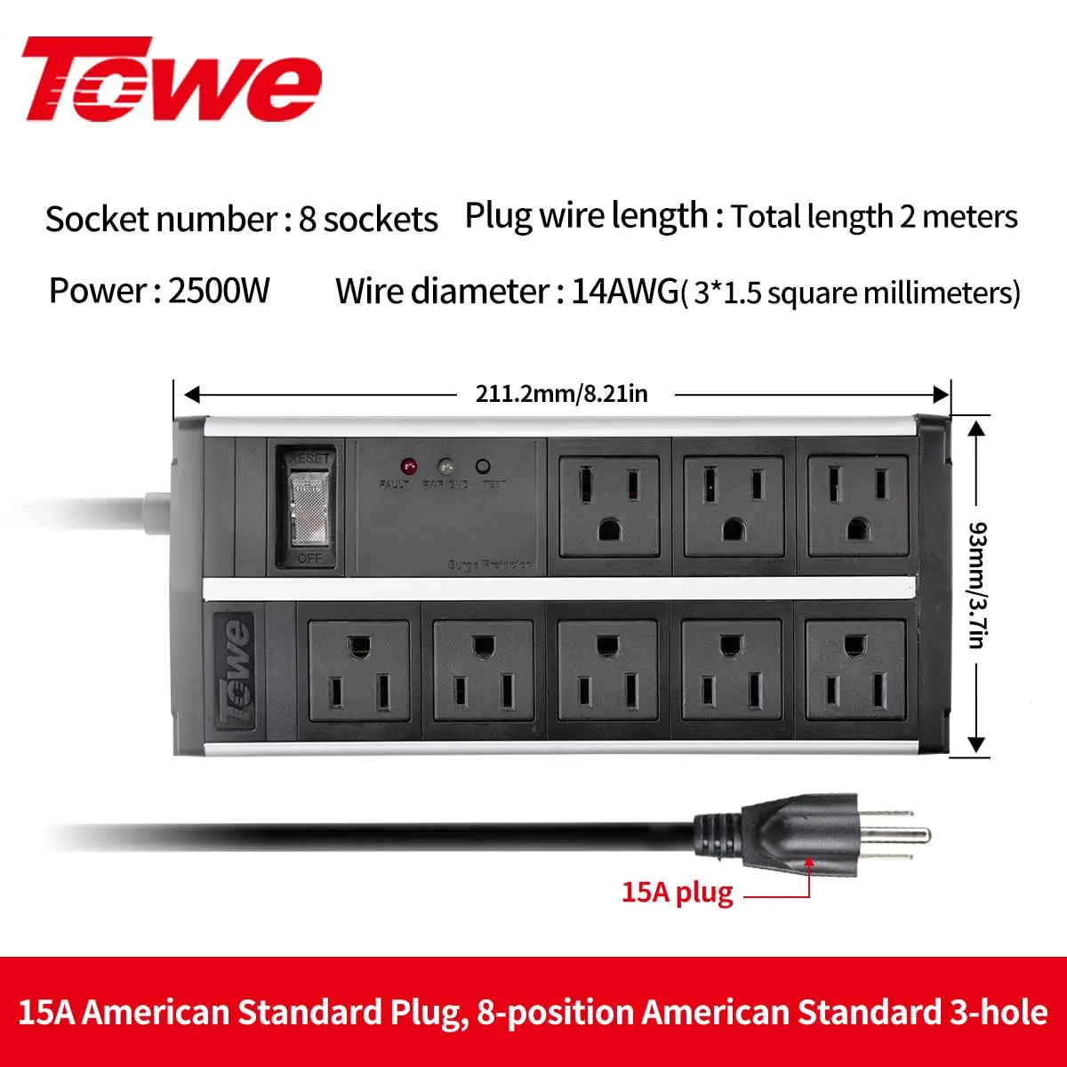 TOWE Heavy Duty Metal Power Strip 4 Outlets 4 USB Surge Protector 2500W Wall Mount Charging Station for Workshop Garage