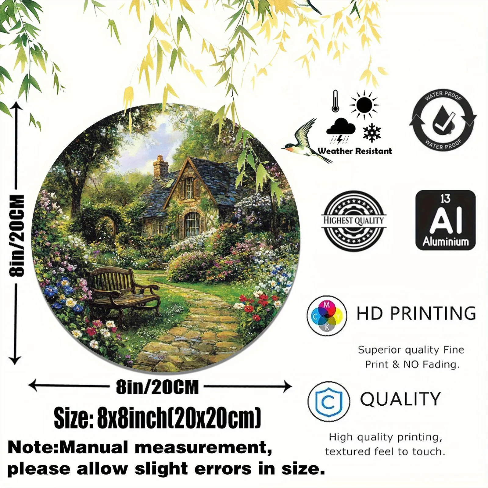 2D Flat - 1pc Vintage Country Cottage Round Aluminum Wall Art, 8x8 Inch – Charming Garden Scene with Stone Path, Flowers & Woode